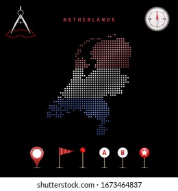Dotted map of Netherlands painted in the colors of the national flag of Netherlands. Waving flag effect. Map tools, set of cartographic icons. Vector illustration