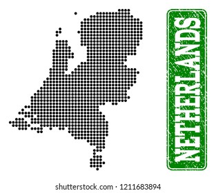 Dotted map of Netherlands and rubber caption. Vector green title inside rounded rectangle and grunge rubber texture. Pixelated map of Netherlands constructed with black pattern of round dots.