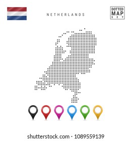 Dotted Map of Netherlands. Simple Silhouette of Netherlands. The National Flag of Netherlands. Set of Multicolored Map Markers. Vector Illustration Isolated on White Background.