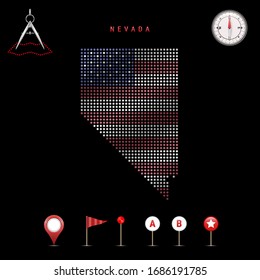 Dotted map of Nevada painted in the colors of the national flag of the United States. Waving flag effect. Map tools, set of cartographic icons. Vector illustration
