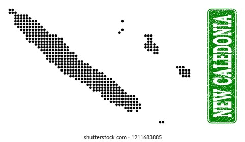 Dotted map of New Caledonia and grunge caption. Vector green title inside rounded rectangle and grunge rubber texture. Pixelated map of New Caledonia constructed with black pattern of round dots.