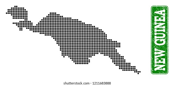 Dotted map of New Guinea Island and rubber caption. Vector green title inside rounded rectangle and scratched rubber texture.