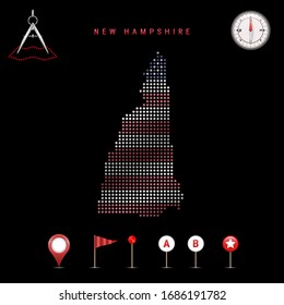 Dotted map of New Hampshire painted in the colors of the national flag of the United States. Waving flag effect. Map tools, set of cartographic icons. Vector illustration