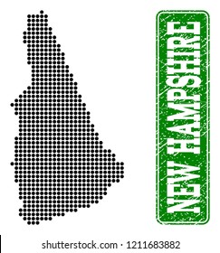Dotted map of New Hampshire State and grunge caption. Vector green title inside rounded rectangle and grunge rubber texture.