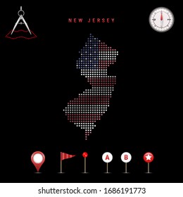 Dotted map of New Jersey painted in the colors of the national flag of the United States. Waving flag effect. Map tools, set of cartographic icons. Vector illustration