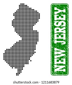Dotted map of New Jersey State and rubber caption. Vector green title inside rounded rectangle and corroded rubber texture.