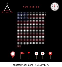 Dotted map of New Mexico painted in the colors of the national flag of the United States. Waving flag effect. Map tools, set of cartographic icons. Vector illustration