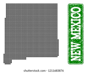 Dotted map of New Mexico State and rubber caption. Vector green title inside rounded rectangle and scratched rubber texture.