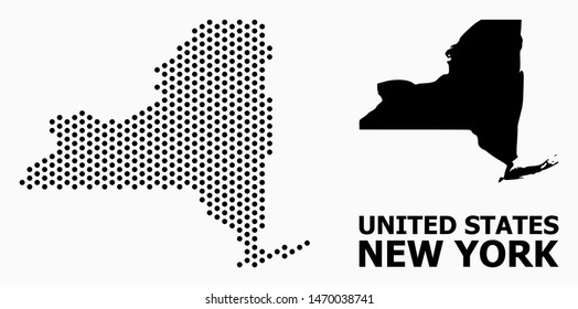 Dotted map of New York State composition and solid illustration. Vector map of New York State composition of circle elements with honeycomb periodic array on a white background.