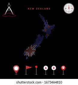 Dotted map of New Zealand painted in the colors of the national flag of New Zealand. Waving flag effect. Map tools, set of cartographic icons. Vector illustration