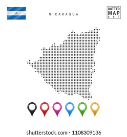 Dotted Map of Nicaragua. Simple Silhouette of Nicaragua. The National Flag of Nicaragua. Set of Multicolored Map Markers. Vector Illustration Isolated on White Background.