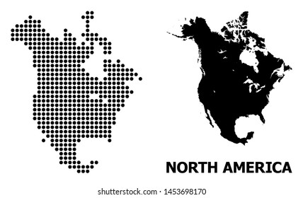 Dotted map of North America composition and solid illustration. Vector map of North America composition of round elements on a white background. Abstract flat territory scheme for education templates.