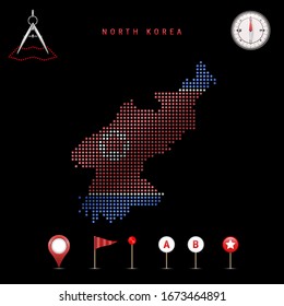 Dotted map of North Korea painted in the colors of the national flag of North Korea. Waving flag effect. Map tools, set of cartographic icons. Vector illustration