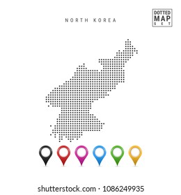 Dotted Map of North Korea. Simple Silhouette of North Korea. Set of Multicolored Map Markers. Vector Illustration Isolated on White Background.