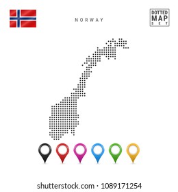 Dotted Map of Norway. Simple Silhouette of Norway. The National Flag of Norway. Set of Multicolored Map Markers. Vector Illustration Isolated on White Background.