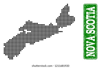 Dotted map of Nova Scotia Province and rubber caption. Vector green title inside rounded rectangle and retro rubber texture.