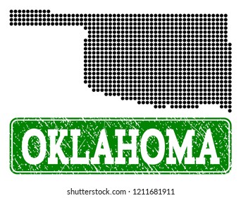 Dotted map of Oklahoma State and unclean caption. Vector green title inside rounded rectangle and unclean rubber texture. Pixelated map of Oklahoma State constructed with black pattern of round dots.