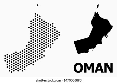 Dotted map of Oman composition and solid illustration. Vector map of Oman composition of spheric dots with hexagonal geometric array on a white background.