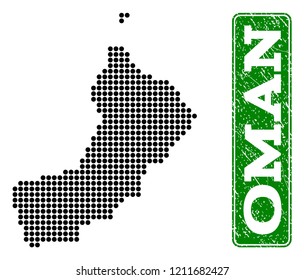 Dotted map of Oman and scratched caption. Vector green title inside rounded rectangle and scratched rubber texture. Pixelated map of Oman constructed with black pattern of round dots.
