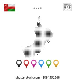 Mapa trazado de Omán. Simple Silhouette de Omán. Bandera Nacional de Omán. Conjunto de marcadores de mapas multicolores. Ilustración vectorial aislada en fondo blanco.