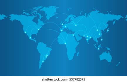 Dotted Map On Blue Gradient Background With Resolution 5000x2500 Dots And Major World Cities Shown With Glowing Blue Dots And Connected With Lines.