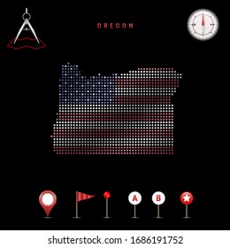 Dotted map of Oregon painted in the colors of the national flag of the United States. Waving flag effect. Map tools, set of cartographic icons. Vector illustration