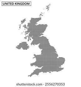 A dotted map outline of the United Kingdom showcases its geographical shape on a plain white background, emphasizing its unique features.