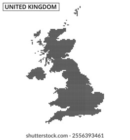 A dotted map outline of the United Kingdom showcases its geographical shape on a plain white background, emphasizing its unique features.