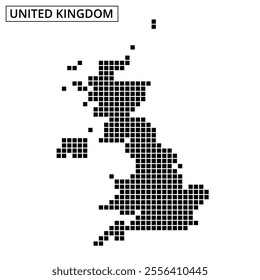 A dotted map outline of the United Kingdom showcases its geographical shape on a plain white background, emphasizing its unique features.