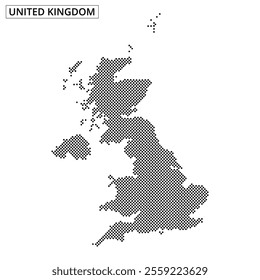 A dotted map outline of the United Kingdom showcases its geographical shape on a plain white background, emphasizing its unique features.