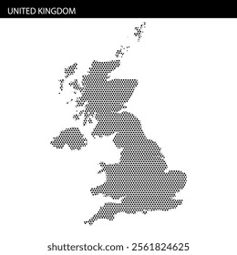 A dotted map outline of the United Kingdom showcases its geographical shape on a plain white background, emphasizing its unique features.