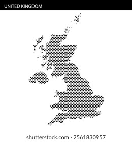 A dotted map outline of the United Kingdom showcases its geographical shape on a plain white background, emphasizing its unique features.