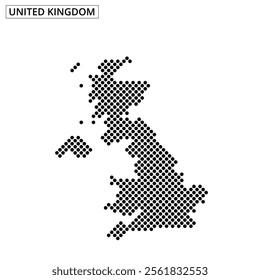 A dotted map outline of the United Kingdom showcases its geographical shape on a plain white background, emphasizing its unique features.