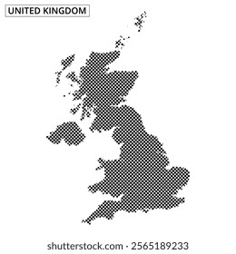 A dotted map outline of the United Kingdom showcases its geographical shape on a plain white background, emphasizing its unique features.