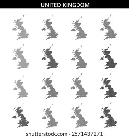 A dotted map outline of the United Kingdom showcases its geographical shape on a plain white background, emphasizing its unique features.