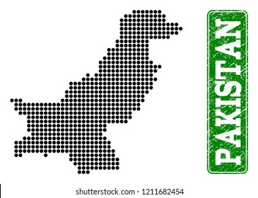 Dotted map of Pakistan and corroded caption. Vector green title inside rounded rectangle and corroded rubber texture. Pixelated map of Pakistan designed with black pattern of round dots.