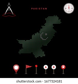 Dotted map of Pakistan painted in the colors of the national flag of Pakistan. Waving flag effect. Map tools, set of cartographic icons. Vector illustration