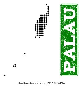 Dotted map of Palau Islands and rubber caption. Vector green title inside rounded rectangle and retro rubber texture. Pixelated map of Palau Islands constructed with black pattern of round dots.