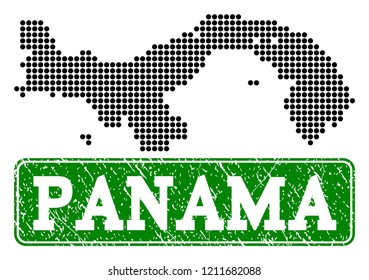 Dotted map of Panama and rubber caption. Vector green title inside rounded rectangle and retro rubber texture. Pixelated map of Panama constructed with black pattern of round dots.