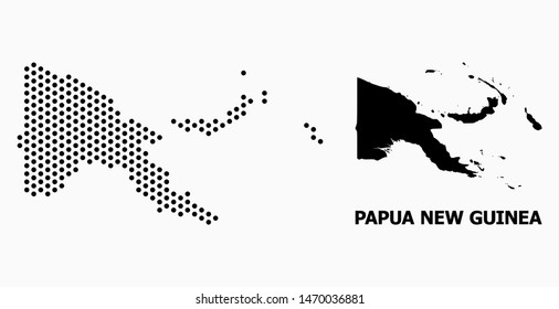 Dotted map of Papua New Guinea composition and solid illustration. Vector map of Papua New Guinea composition of circle elements with honeycomb geometric array on a white background.