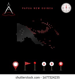 Dotted map of Papua New Guinea painted in the colors of the national flag of Papua New Guinea. Waving flag effect. Map tools, set of cartographic icons. Vector illustration