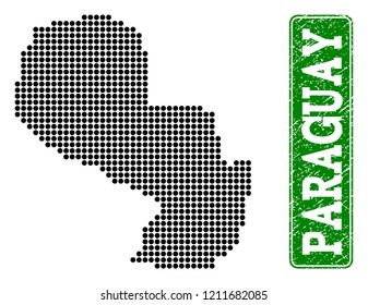 Dotted map of Paraguay and textured caption. Vector green title inside rounded rectangle and grunge rubber texture. Pixelated map of Paraguay designed with black pattern of round dots.