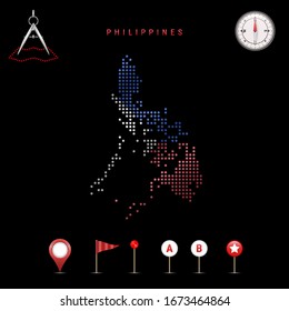 Dotted map of Philippines painted in the colors of the national flag of Philippines. Waving flag effect. Map tools, set of cartographic icons. Vector illustration
