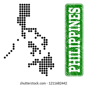 Dotted map of Philippines and rubber caption. Vector green title inside rounded rectangle and retro rubber texture. Pixelated map of Philippines designed with black pattern of round dots.