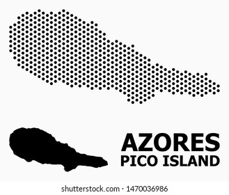 Dotted map of Pico Island composition and solid illustration. Vector map of Pico Island composition of round items with honeycomb periodic pattern on a white background.