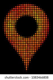 Dotted map pointer icon. Bright pictogram in orange color variations on a black background. Vector halftone concept of map pointer symbol constructed with round elements.