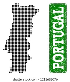 Dotted map of Portugal and rubber caption. Vector green title inside rounded rectangle and unclean rubber texture. Pixelated map of Portugal constructed with black pattern of round dots.