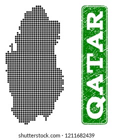 Dotted map of Qatar and rubber caption. Vector green title inside rounded rectangle and grunge rubber texture. Pixelated map of Qatar constructed with black pattern of round dots.