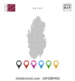 Dotted Map of Qatar. Simple Silhouette of Qatar. The National Flag of Qatar. Set of Multicolored Map Markers. Vector Illustration Isolated on White Background.