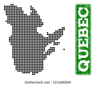 Dotted map of Quebec Province and scratched caption. Vector green title inside rounded rectangle and scratched rubber texture.